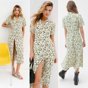 UO Mila Printed Midi Dress Floral Sz. Large Button Up Short Sleeve White Yellow